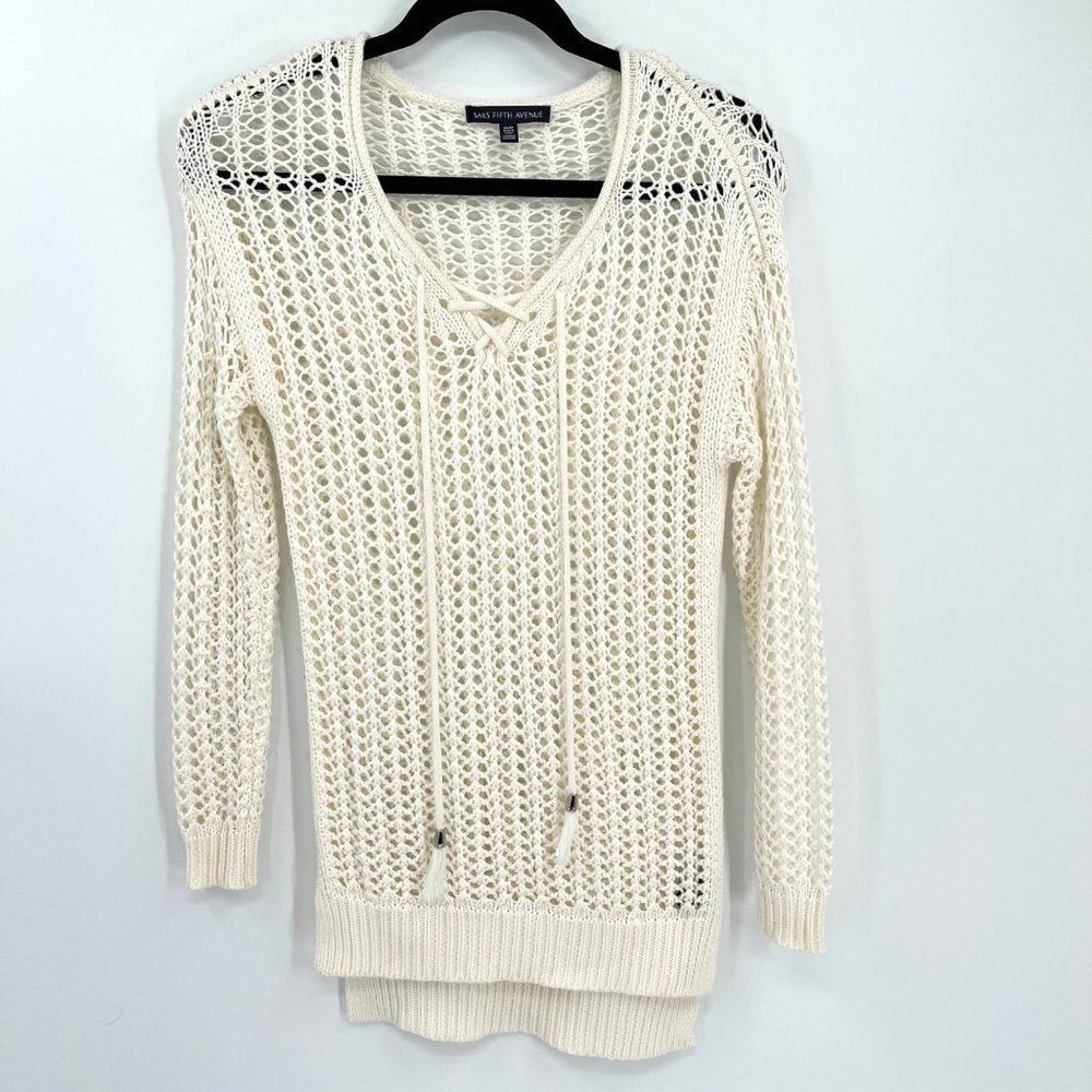 Saks Fifth Avenue Ivory V-Neck Lace Up Open Chunky Knit Sweater Tunic Women XS